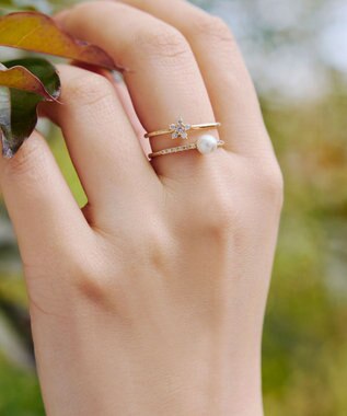 Tiaclasse フラワー＋パールダブルリング ゴールド