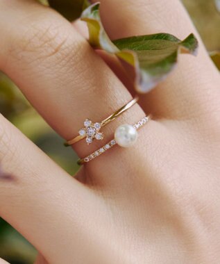 Tiaclasse フラワー＋パールダブルリング ゴールド