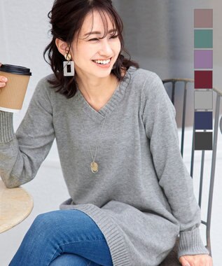 Tiaclasse L 【洗える】幅広く活躍が期待できるVネックリブニットチュニック グレー