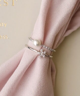 Tiaclasse フラワー＋パールダブルリング シルバー