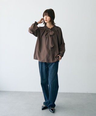 YECCA VECCA フリルギャザーボウタイブラウス Brown