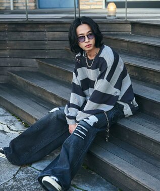 WEGO ボーダーダメージニットプルオーバー グレーボーダー