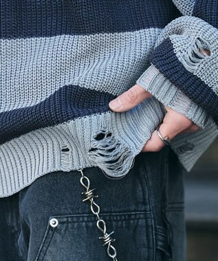 WEGO ボーダーダメージニットプルオーバー グレーボーダー