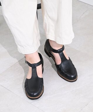 Pointer 本革 通気性Tストラップパンプス ブラック
