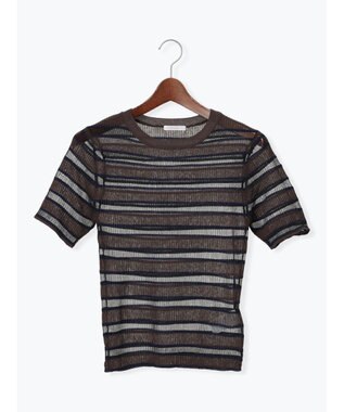 Te chichi シアーマルチボーダーハーフスリーブニット ブラウン