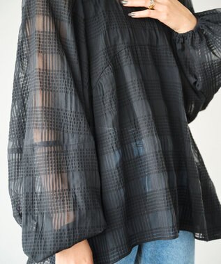 #Newans シアーチェックボリュームブラウス ブラック