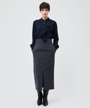 BEIGE， 【洗える】STOW / バンドカラーフリルブラウス Navy