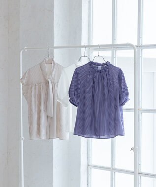 組曲 ライトデシンフリル襟 ブラウス ブルーストライプ系1