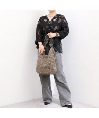 UNBILLION カシュカシュ cachecache / ドロストフリルハンドル地柄編みトート カゴバッグ GY