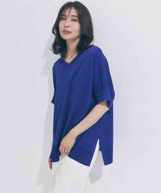 UNFILO L スゴ機能美ニット Vネック ワイドプルオーバー ブルー
