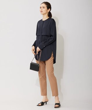 ICB 【洗える】 サテンクレープ ノーカラーブラウス ネイビー系