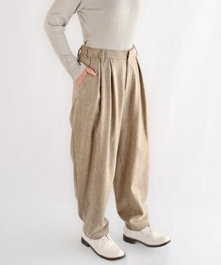 muuc 〈ロングシーズン心地良いウール混〉後ろウエストゴム有り ベルト裏にコットン使用 テーパードスラックスパンツ ベージュ