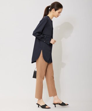 ICB 【洗える】 サテンクレープ ノーカラーブラウス ネイビー系