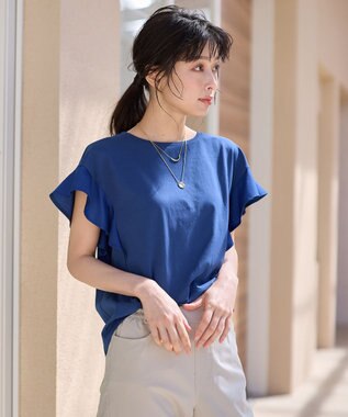 ANY 異素材コンビフリルスリーブプルオーバー ブルー