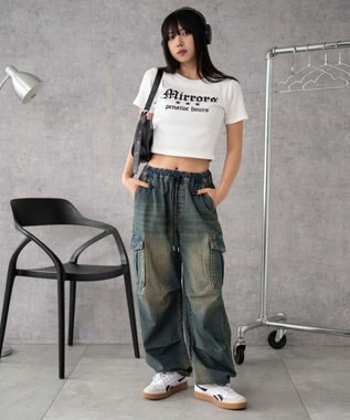 WEGO 【XS～Mサイズ展開/ウエストゴム 】デニムイージーパラシュートカーゴパンツ デニム中濃色