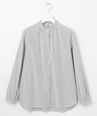 J.PRESS LADIES 【洗える】BEZ ドビーストライプ フリルネック ブラウス ネイビー×ピンクストライプ系