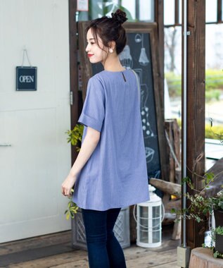 Tiaclasse L 【洗える】体型カバーも叶う幅広カフスチュニックブラウス ブルーストライプ