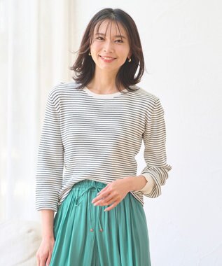 ANY パフスリーブリブニット オフ×ブラックボーダー