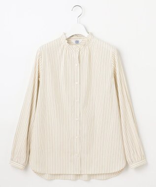 J.PRESS LADIES 【洗える】BEZ ドビーストライプ フリルネック ブラウス イエロー×グレーストライプ系