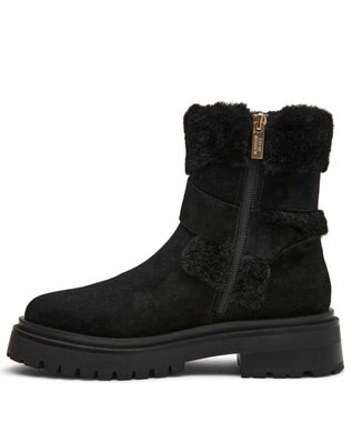 STEVE MADDEN LODGE ファースエードバックルショートブーツ ブラックスエード