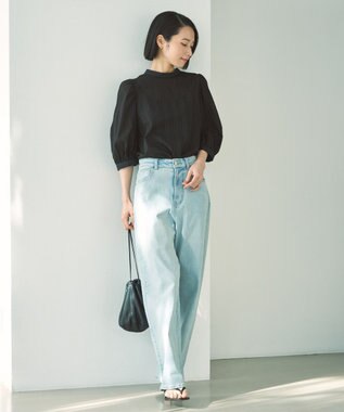 UNFILO ストライプレース 2WAY パフスリーブブラウス ブラック