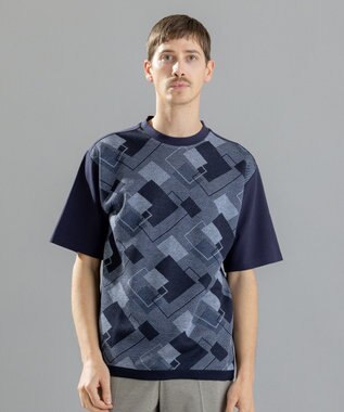 JOSEPH HOMME ファインジャガードブロック　Tシャツ ネイビー系