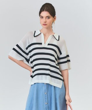 GRACE CONTINENTAL ワッフルボーダートップ