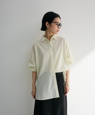 Green Parks 綿麻混レギュラーカラーＢＩＧシルエットシャツ Stripe Yellow