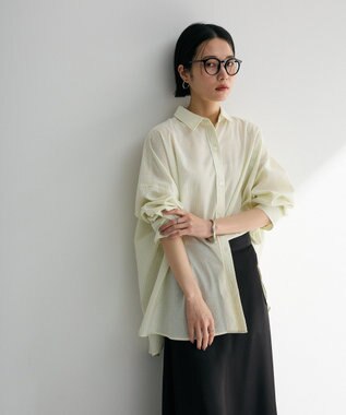 Green Parks 綿麻混レギュラーカラーＢＩＧシルエットシャツ Stripe Yellow