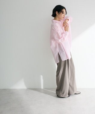 Green Parks 綿麻混レギュラーカラーＢＩＧシルエットシャツ Stripe Pink