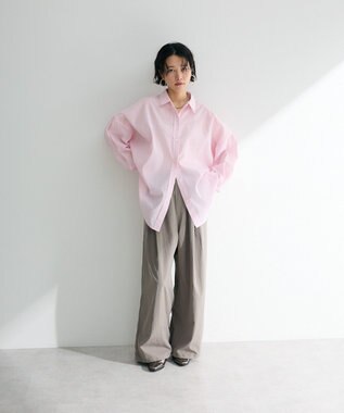 Green Parks 綿麻混レギュラーカラーＢＩＧシルエットシャツ Stripe Pink