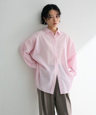 Green Parks 綿麻混レギュラーカラーＢＩＧシルエットシャツ Stripe Pink