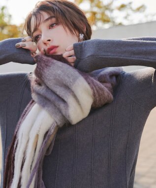 Tiaclasse 大判チェックシャギーマフラー ブラック