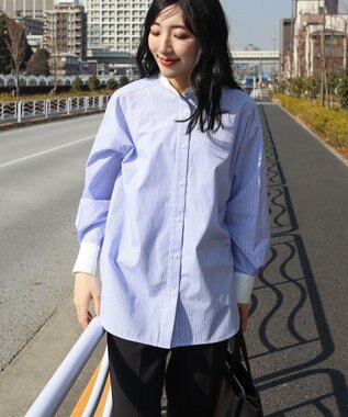 AMERICAN HOLIC イージーケアバンドカラーロングシャツ Stripe Sax