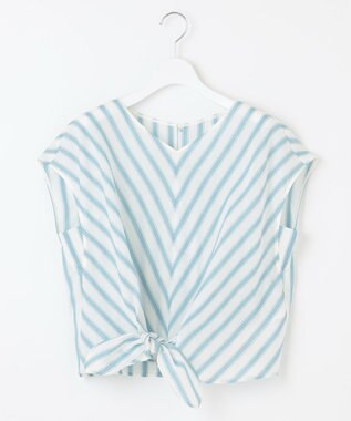 自由区 S 【洗える】テンセルリネンリボン ブラウス オフ×ブルーストライプ