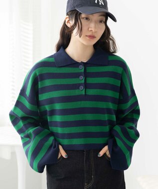 WEGO ボーダーニットポロ グリーンボーダー