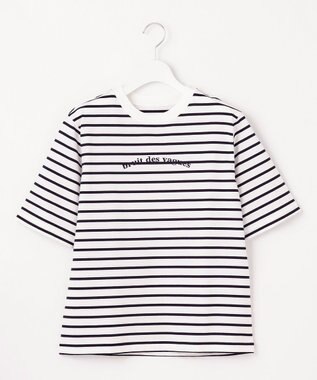 自由区 S 【カタログ掲載・WEB限定カラーあり・洗える】ロゴ刺繍 Tシャツ [WEB限定]オフ×ネイビーボーダー