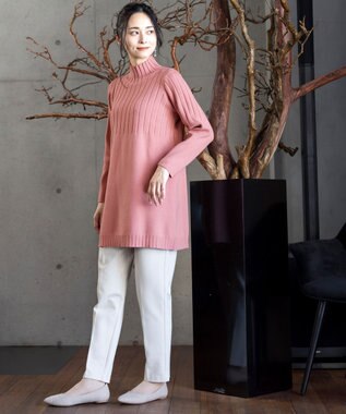 Tiaclasse L 【洗える】もっちり柔らかいハーフリブニットチュニック モーヴピンク