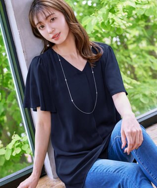 Tiaclasse フレアスリーブチュニックブラウス ネイビー