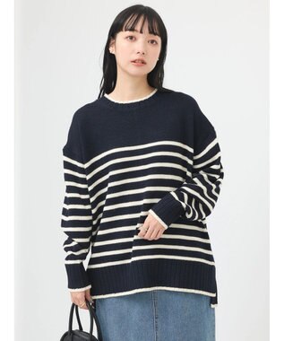 earth music&ecology ウォッシャブル脇スリットクルーネックプルオーバー Border Navy