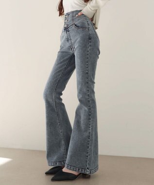 WEGO 【ストレッチ/美脚/脚長シルエット/XSSMサイズ展開】ハイウエストストレッチフレアデニムパンツ