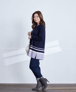 Tiaclasse 【洗える】カラー配色ニットチュニック ネイビーラベンダー