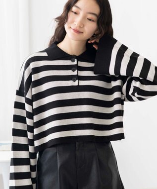 WEGO ボーダーニットポロ ブラックボーダー