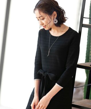 Tiaclasse L 【洗える】リップル編みニットワンピース ブラック×グレージュ