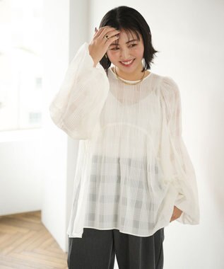 #Newans シアーチェックボリュームブラウス ホワイト