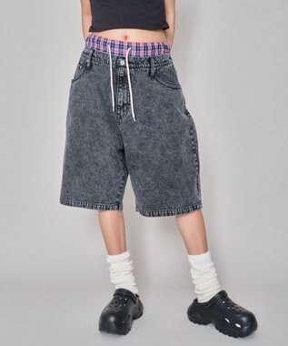 WEGO 【ユニセックス着用ITEM/MLサイズ展開/ウエストゴム】ボクサードッキングデニムショーツ デニムブラック