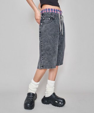 WEGO 【ユニセックス着用ITEM/MLサイズ展開/ウエストゴム】ボクサードッキングデニムショーツ デニムブラック