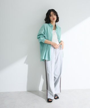 Green Parks 綿麻混レギュラーカラーＢＩＧシルエットシャツ Stripe Green