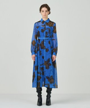 GRACE CONTINENTAL リボン付ロゴフラワープリントワンピース ブルー