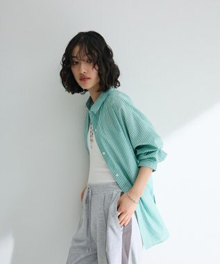 Green Parks 綿麻混レギュラーカラーＢＩＧシルエットシャツ Stripe Green